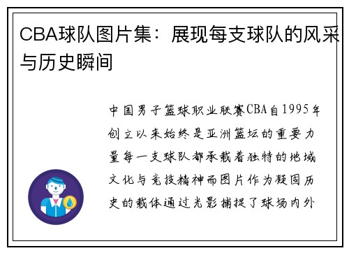 CBA球队图片集：展现每支球队的风采与历史瞬间